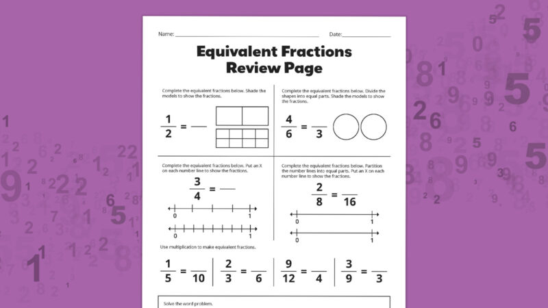 Flat lays of equivalent fractions worksheets on a purple background