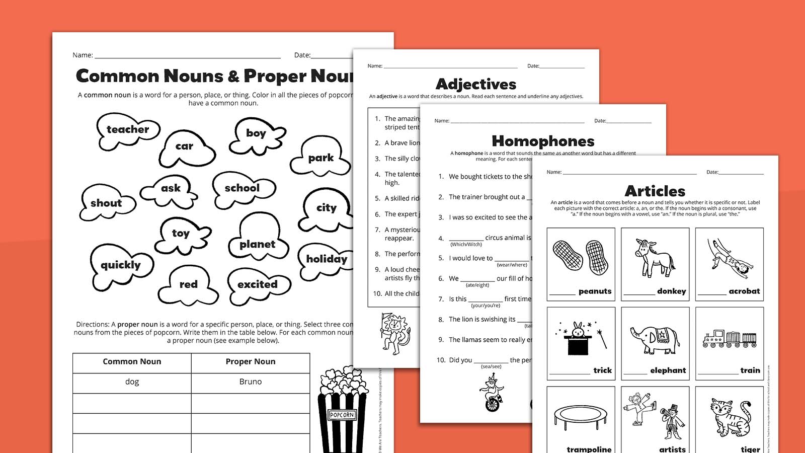 Flat lays of grammar worksheet bundle