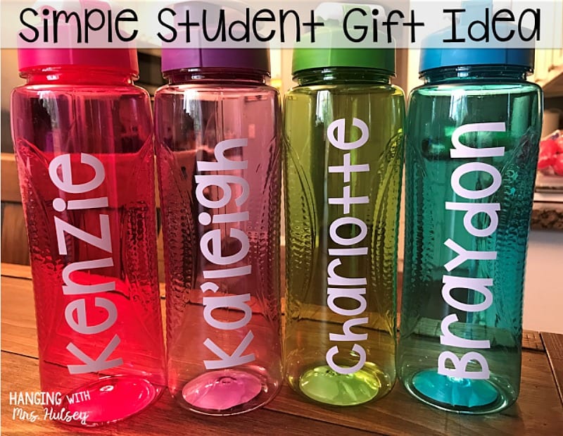 Colorful water bottles personalized with student names