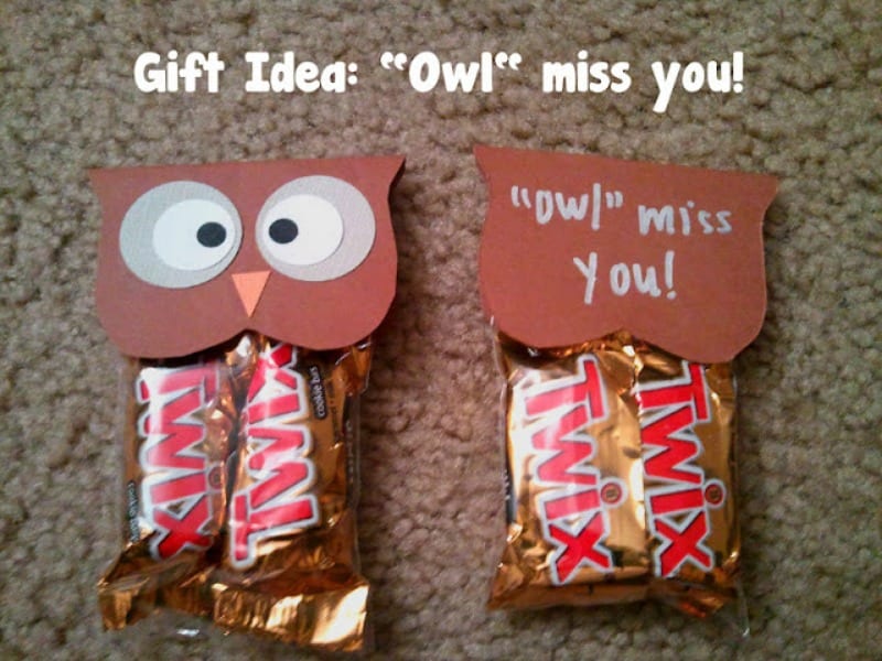 Twix bars with a label that looks like an owl