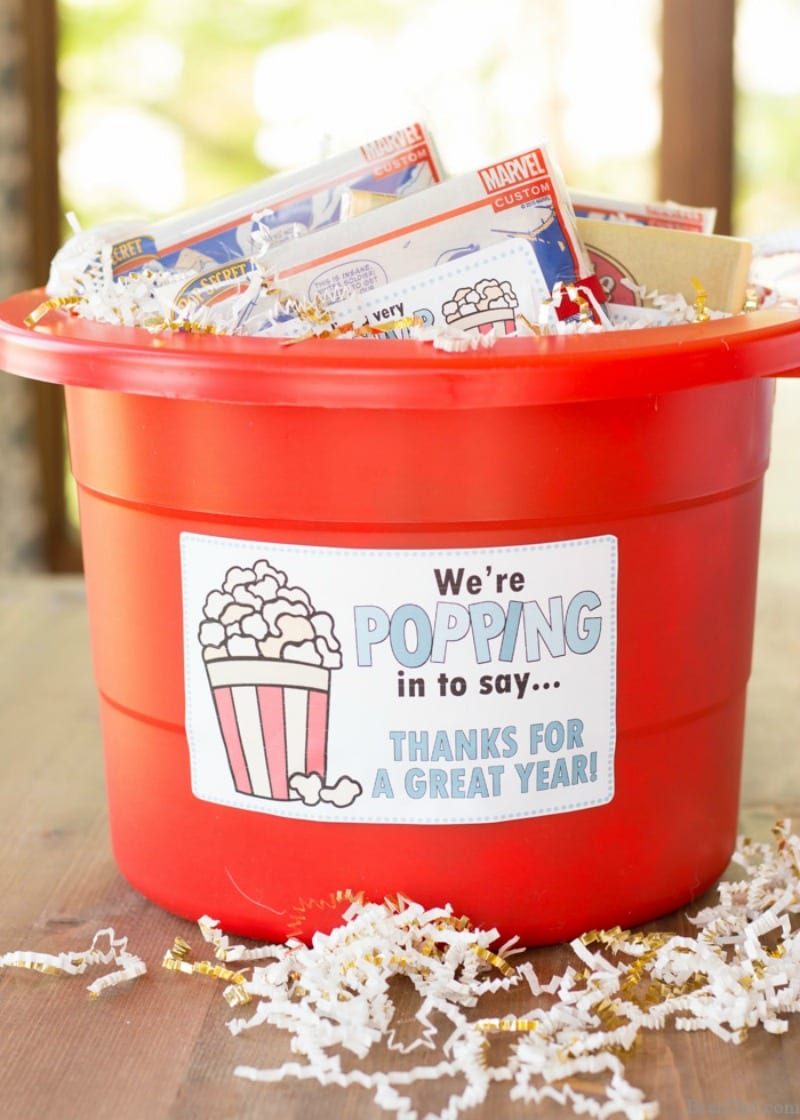 A red bucket with popcorn inside as an example of end of year student gifts