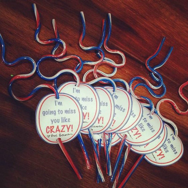 Crazy straws with a tag that says "I'll miss you like crazy."