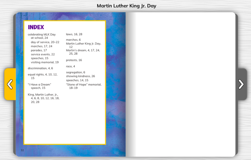 Sample page from Martin Luther King Jr. Day showing index