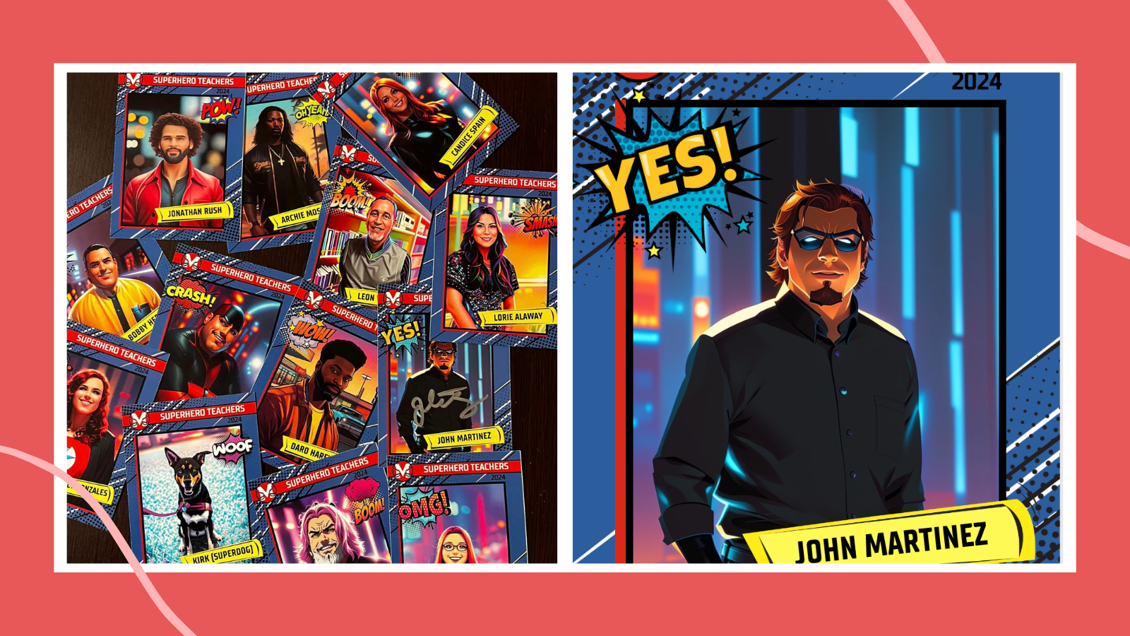 Photos of superhero trading cards of teachers